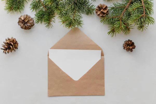 Beautiful Christmas Decorations Empty Card Envelope White Background — Stock Photo, Image