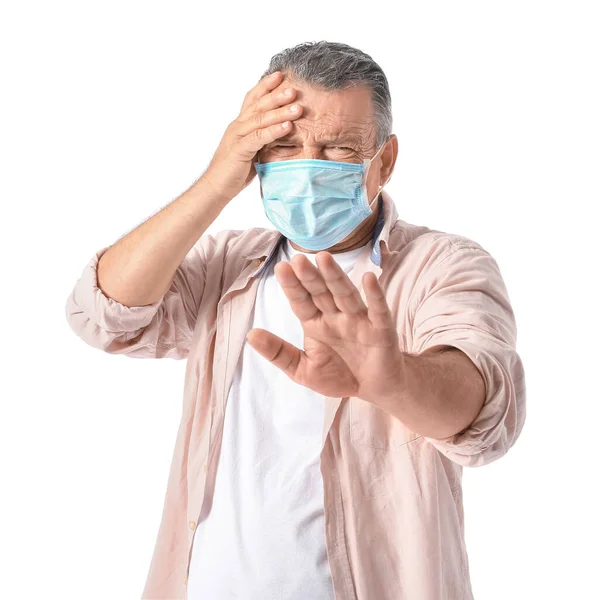 Stressed Mature Man Medical Mask White Background — Stock Photo, Image