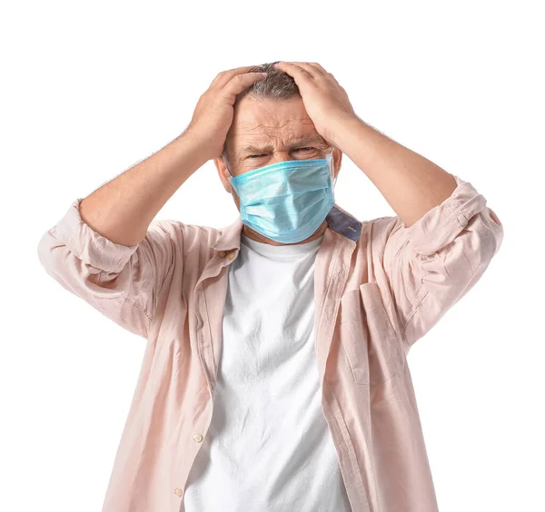 Stressed Mature Man Medical Mask White Background — Stock Photo, Image