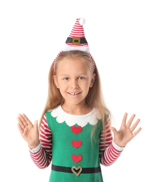 Cute Little Girl Dressed Elf White Background — Stock Photo, Image