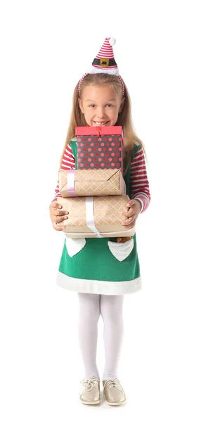Menina Bonito Vestido Como Elfo Com Presentes Natal Fundo Branco — Fotografia de Stock