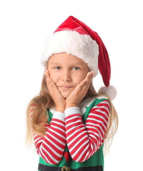 Cute Little Girl Dressed Elf White Background — Stock Photo, Image