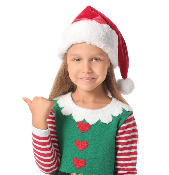 Cute Little Girl Dressed Elf Showing Something White Background — Stock Photo, Image