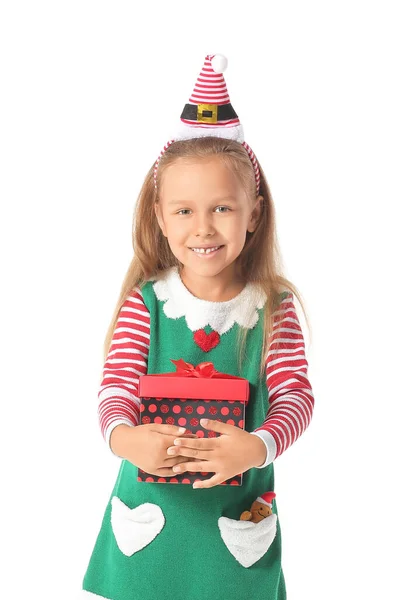 Menina Bonito Vestido Como Elfo Com Presente Natal Fundo Branco — Fotografia de Stock