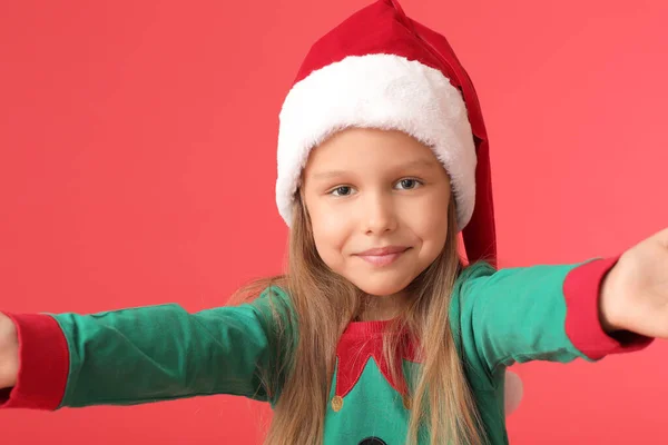Cute Little Girl Dressed Elf Color Background — Stock Photo, Image