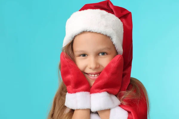 Cute Little Girl Santa Claus Costume Color Background — Stock Photo, Image