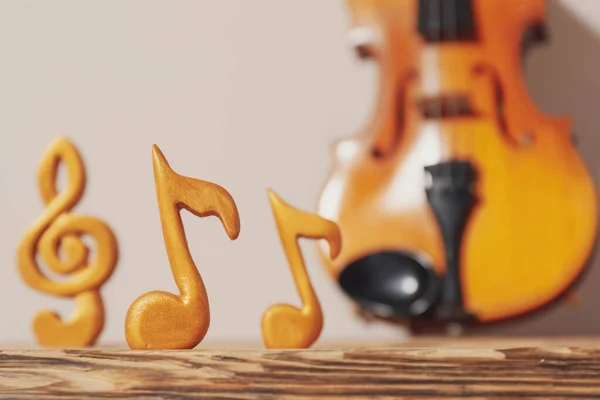 Music Notes Wooden Table Closeup — Stock Photo, Image