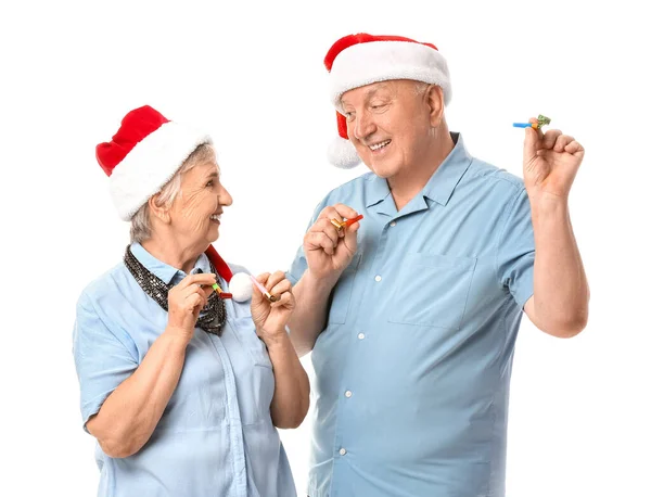 Elderly Couple Celebrating Christmas White Background — Stock Photo, Image