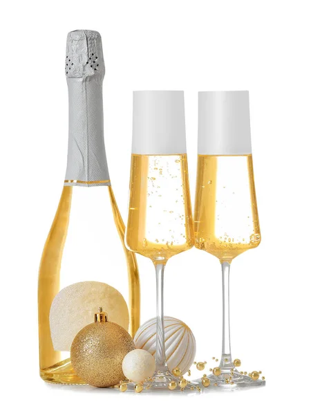 Fles Champagne Glazen Kerstdecor Witte Achtergrond — Stockfoto