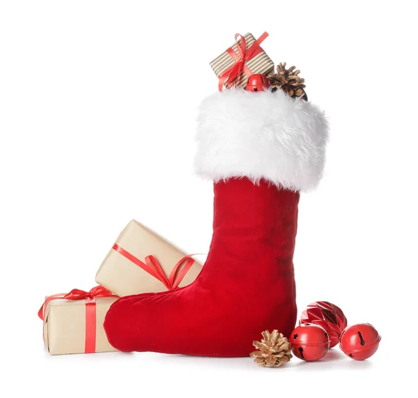 Χριστουγεννιάτικη Κάλτσα Δώρα Λευκό Φόντο — Φωτογραφία Αρχείου