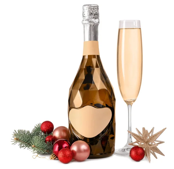 Nieuwjaarscompositie Met Fles Champagne Witte Achtergrond — Stockfoto