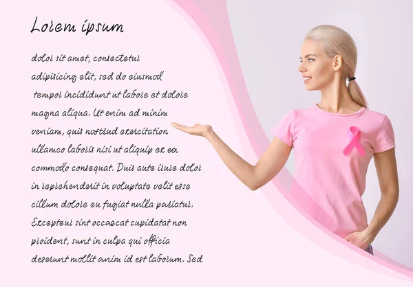 年轻女子与粉红色带的色彩背景与文字的空间 乳腺癌意识概念 — 图库照片