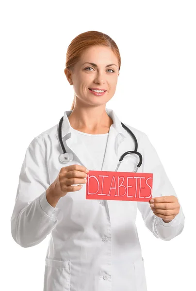 Doctor Holding Paper Word Diabetes White Background — Stock Photo, Image