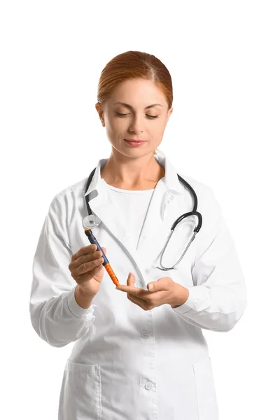 Doctor Taking Blood Sample Lancet Pen White Background Diabetes Concept — Stock Photo, Image