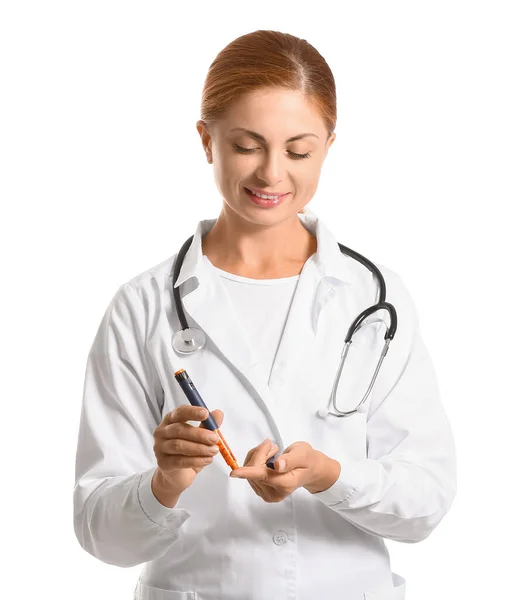 Doctor Lancet Pen Taking Blood Sample White Background Diabetes Concept — Stock Photo, Image