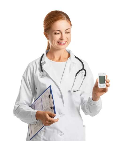 Doctor Digital Glucometer White Background Diabetes Concept — Stock Photo, Image