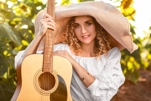 Beautiful Young Woman Guitar Sunflower Field — Stock Photo, Image