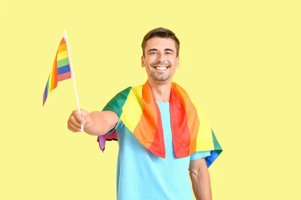 Young Man Lgbt Flags Color Background — Stock Photo, Image