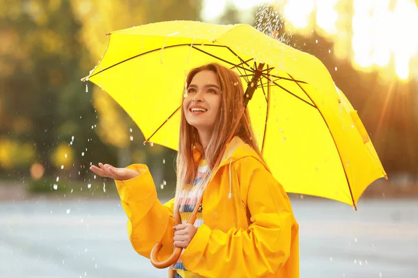 Beautiful Young Woman Umbrella Wearing Raincoat Outdoors — Stock Photo, Image