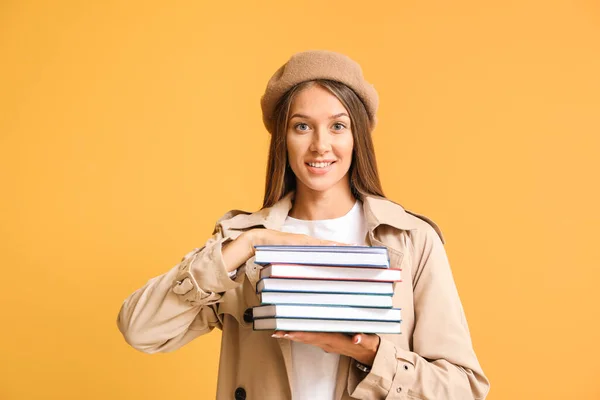 Beautiful Young Woman Books Color Background — Stock Photo, Image