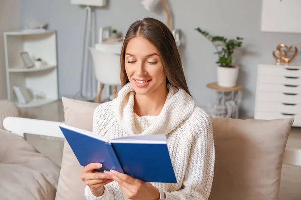 Beautiful Young Woman Reading Book Home — Stock Photo, Image