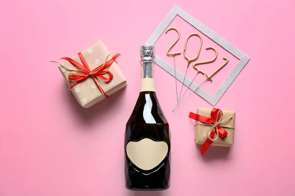 Beautiful New Year Composition Champagne Color Background — Stock Photo, Image