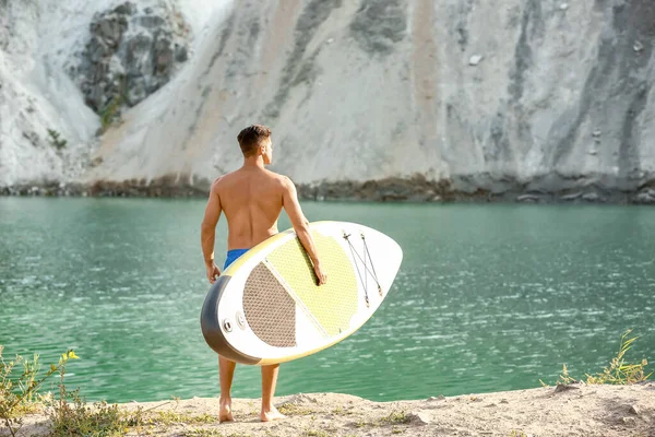 Young Man Board Sup Surfing River — Stock Photo, Image