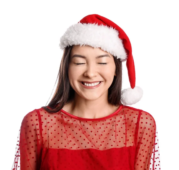 Beyaz Arka Planda Noel Baba Şapkalı Mutlu Genç Kadın — Stok fotoğraf