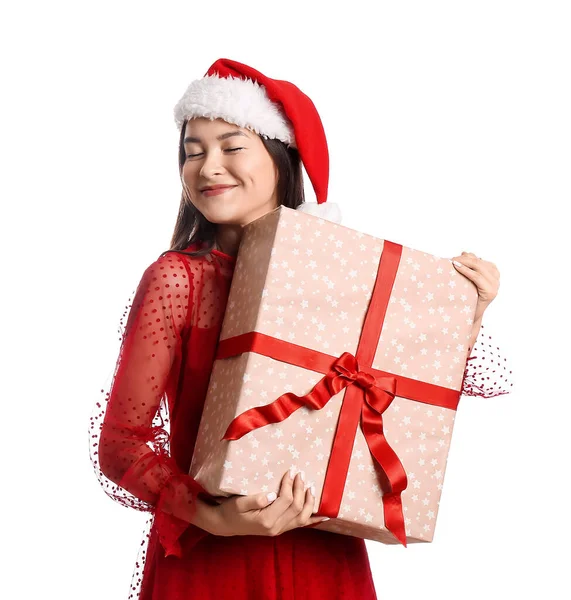 Mujer Joven Feliz Sombrero Santa Con Regalo Navidad Sobre Fondo —  Fotos de Stock