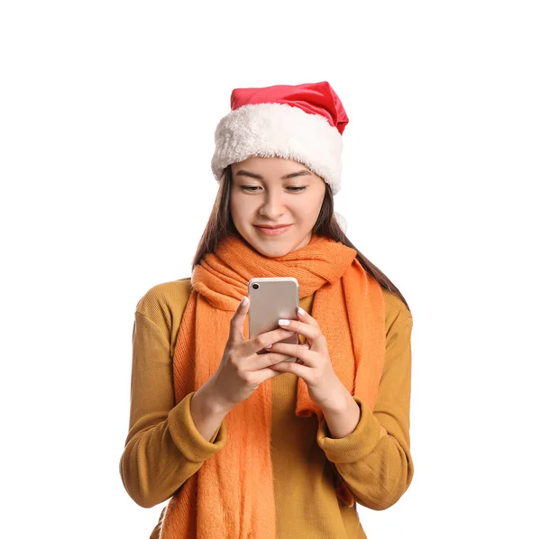 Mujer Joven Feliz Santa Sombrero Con Teléfono Móvil Sobre Fondo —  Fotos de Stock