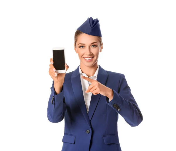 Красивая Стюардесса Мобильным Телефоном Белом Фоне — стоковое фото