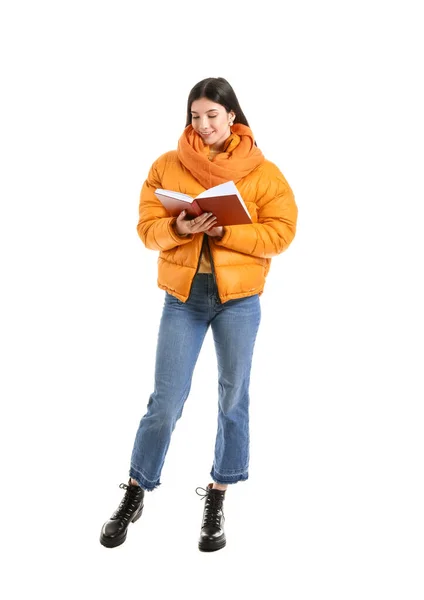 Belle Jeune Femme Avec Livre Sur Fond Blanc — Photo