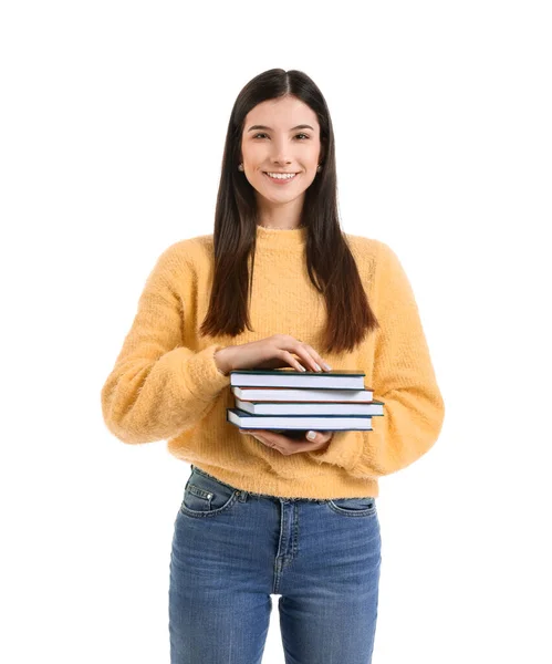 Belle Jeune Femme Avec Des Livres Sur Fond Blanc — Photo