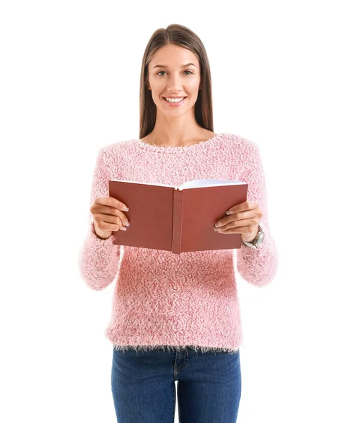 Beautiful Young Woman Book White Background — Stock Photo, Image