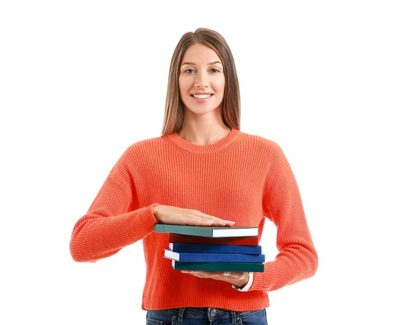 Hermosa Joven Con Libros Sobre Fondo Blanco — Foto de Stock