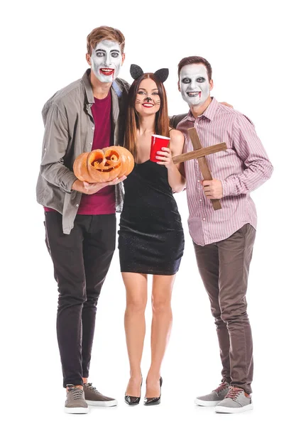 Amigos Trajes Halloween Fundo Branco — Fotografia de Stock