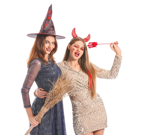 Vrienden Halloween Kostuums Witte Achtergrond — Stockfoto