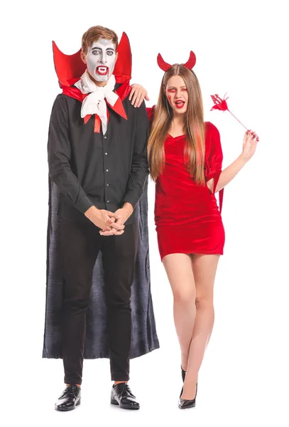 Vänner Halloween Kostymer Vit Bakgrund — Stockfoto