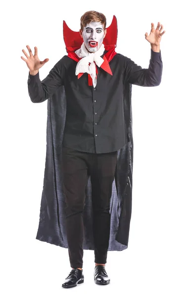 Homem Vestido Como Vampiro Para Festa Halloween Fundo Branco — Fotografia de Stock