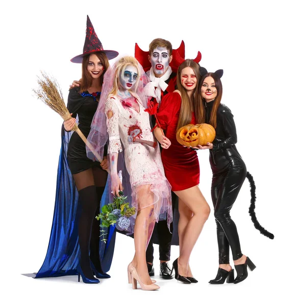 Vrienden Halloween Kostuums Witte Achtergrond — Stockfoto