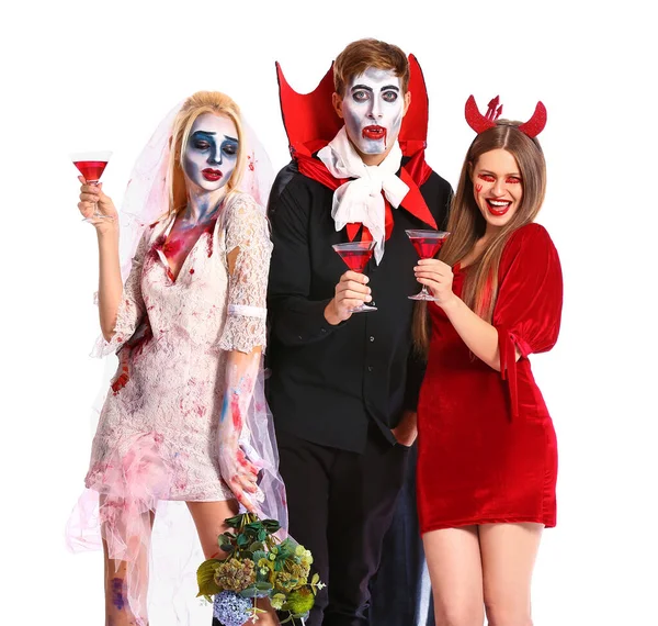 Amigos Trajes Halloween Fundo Branco — Fotografia de Stock