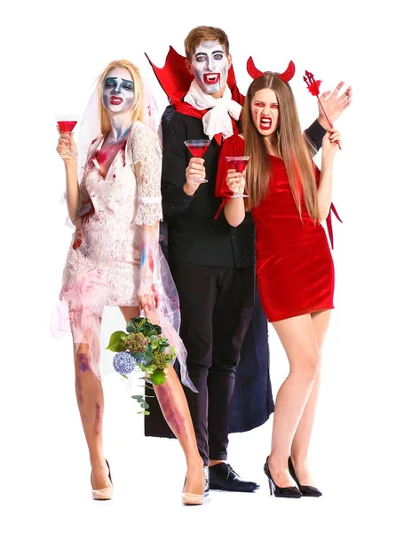 Amigos Trajes Halloween Fundo Branco — Fotografia de Stock