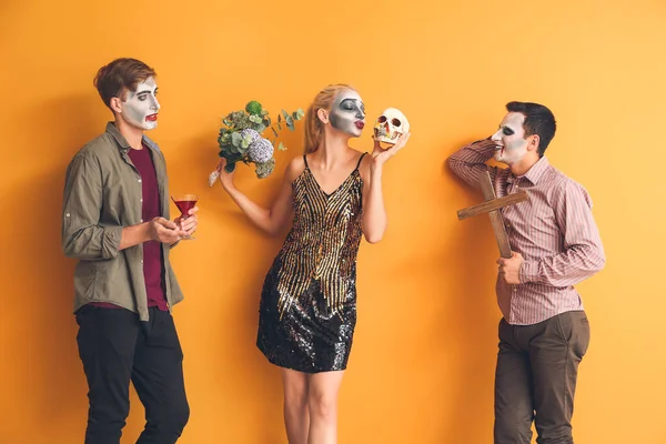 Friends Halloween Costumes Color Background — Stock Photo, Image