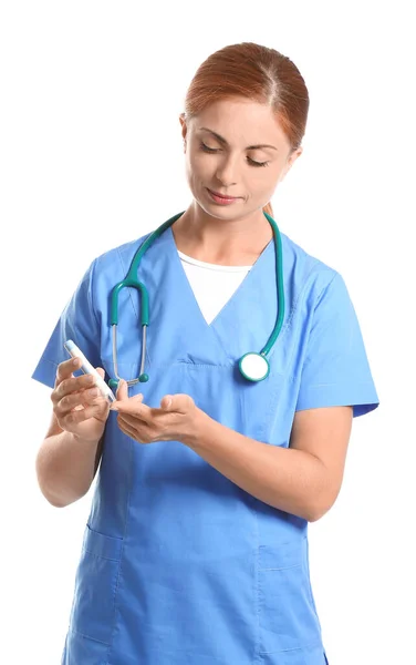 Doctor Taking Blood Sample Lancet Pen White Background Diabetes Concept — Stock Photo, Image