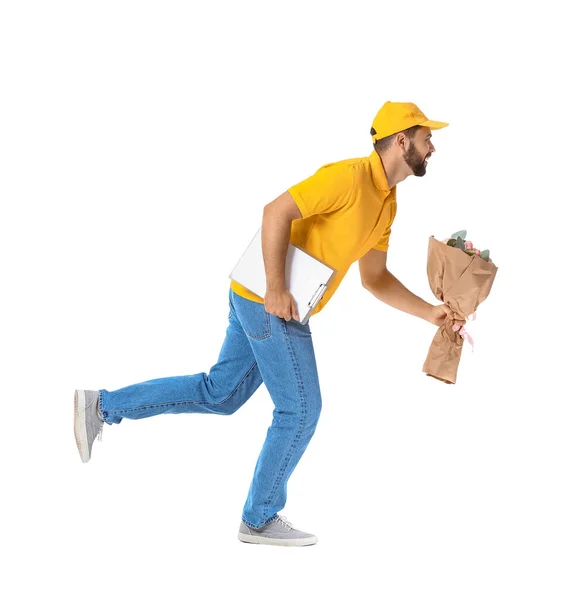 Running Delivery Man Bouquet Flowers White Background — Stock Photo, Image