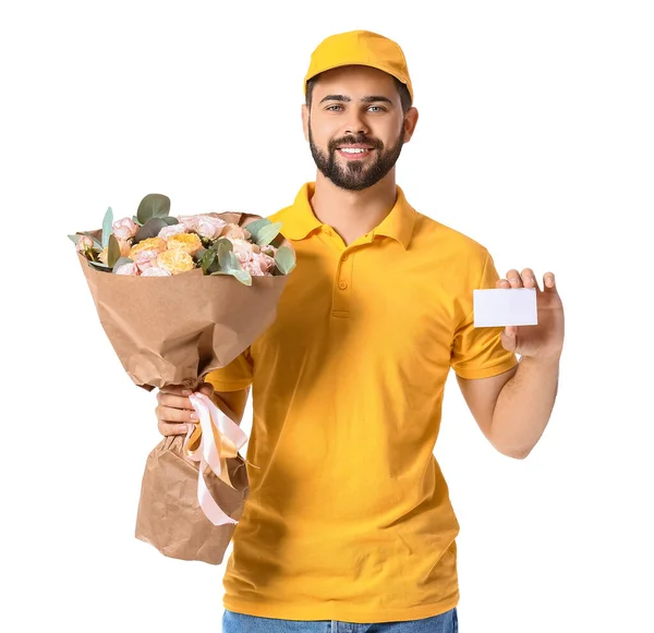 Delivery Man Bouquet Flowers Blank Business Card White Background — Stock Photo, Image