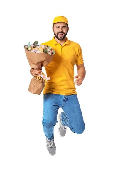 Salto Repartidor Hombre Con Ramo Flores Sobre Fondo Blanco — Foto de Stock