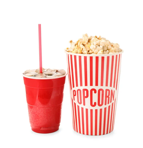 Tasty Popcorn Cola White Background — Stock Photo, Image