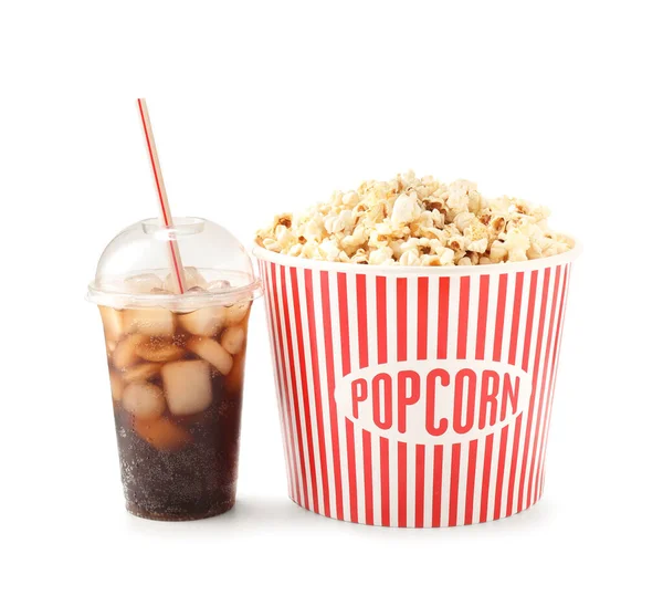 Leckeres Popcorn Und Cola Auf Weißem Hintergrund — Stockfoto