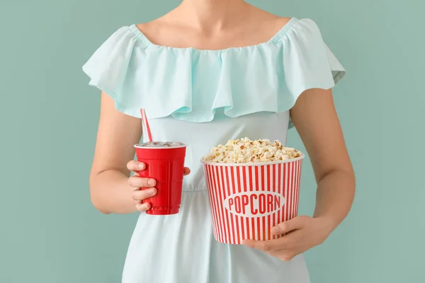 Woman Tasty Popcorn Cola Color Background — Stock Photo, Image